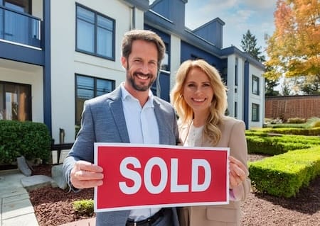 Couple holding Sold sign 